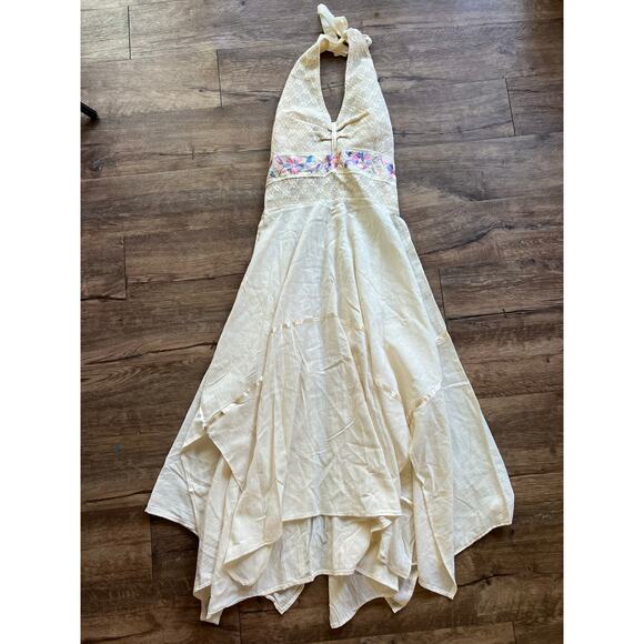 Vintage Mexican Ribbon Halter Dress Handkerchief Hem Embroidered M/L - Picture 1 of 2